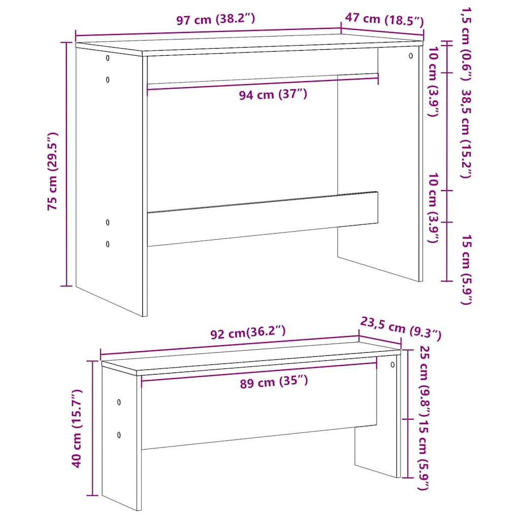 3 Piece Dining Table and Bench set White Engineered Wood