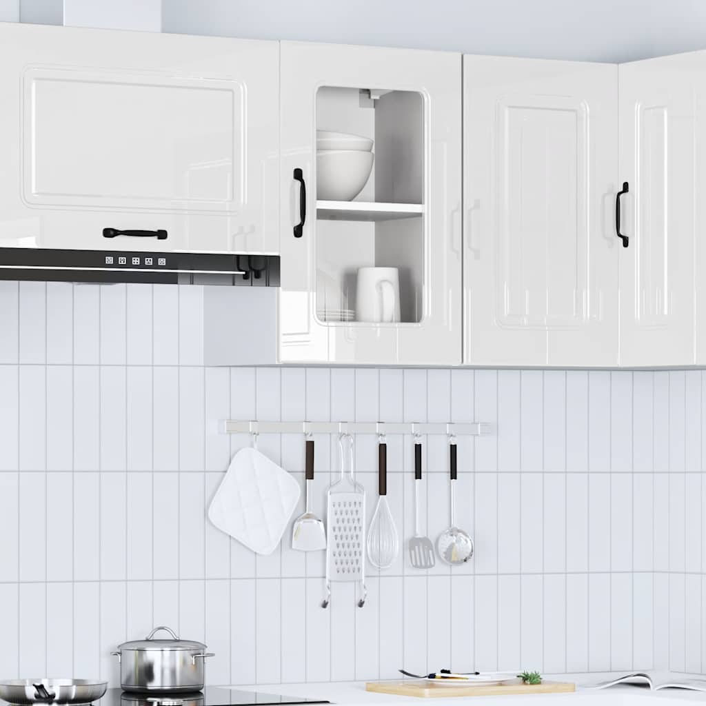 Kitchen Wall Cabinet with Glass Door Kalmar High Gloss White Engineered Wood