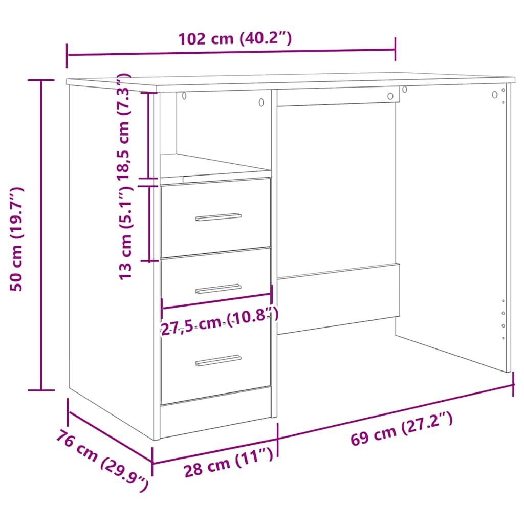 vidaXL Desk Artisan Oak 102x76x50 cm Engineered Wood