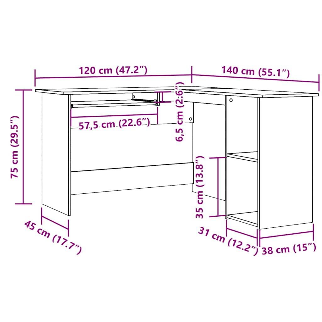 vidaXL Corner Desk Artisan Oak 120x140x75 cm Engineered Wood