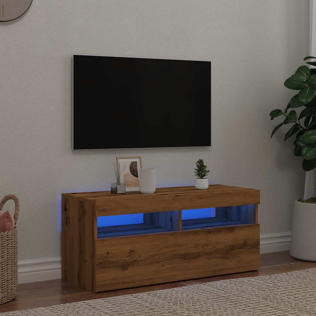 vidaXL TV Cabinet with LED Lights Artisan Oak 90x35x40 cm Engineered Wood