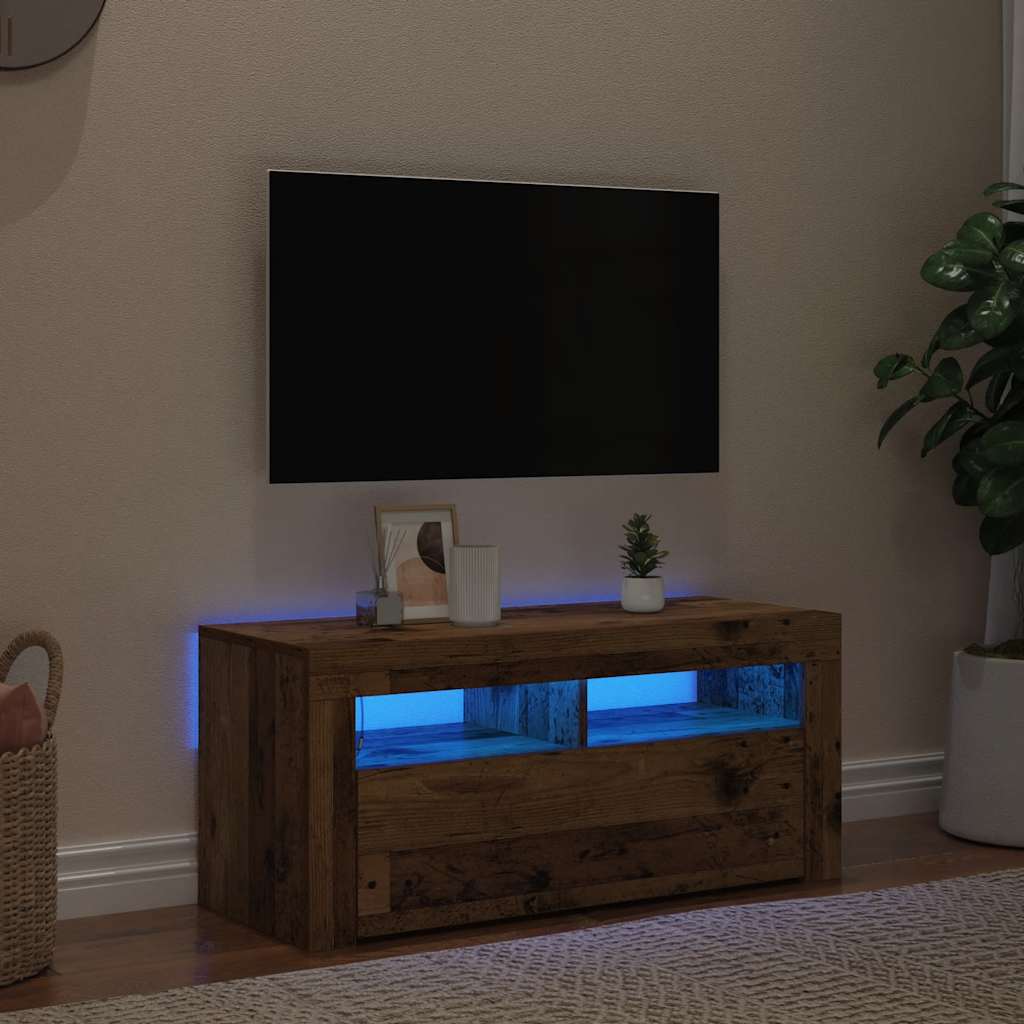 TV Cabinet with LED Lights Old Wood 90x35x40 cm Engineered Wood