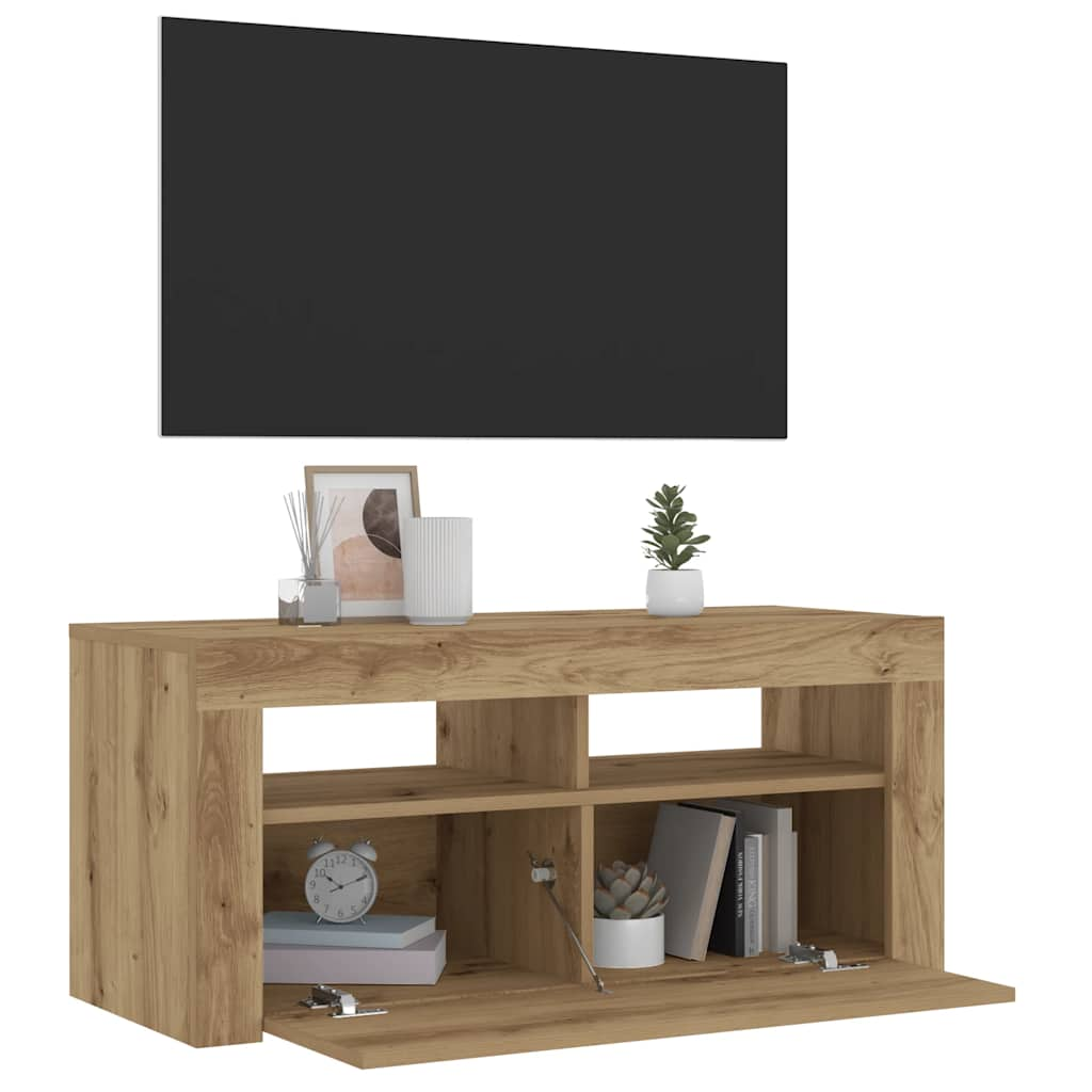 vidaXL TV Cabinet with LED Lights Artisan Oak 90x35x40 cm Engineered Wood