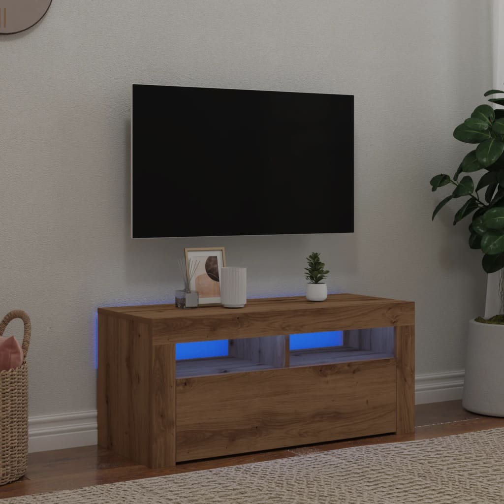 vidaXL TV Cabinet with LED Lights Artisan Oak 90x35x40 cm Engineered Wood