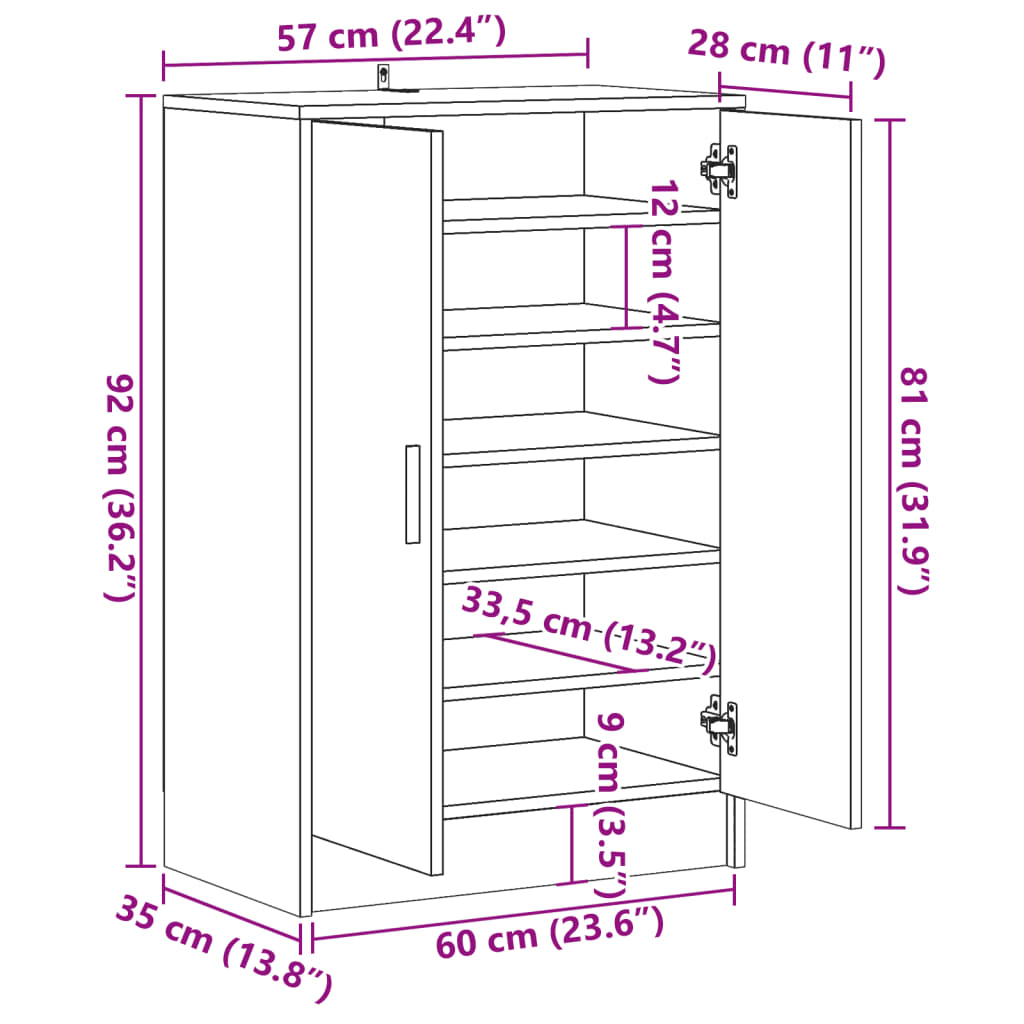 vidaXL Shoe Cabinet Artisan Oak 60x35x92 cm Engineered Wood