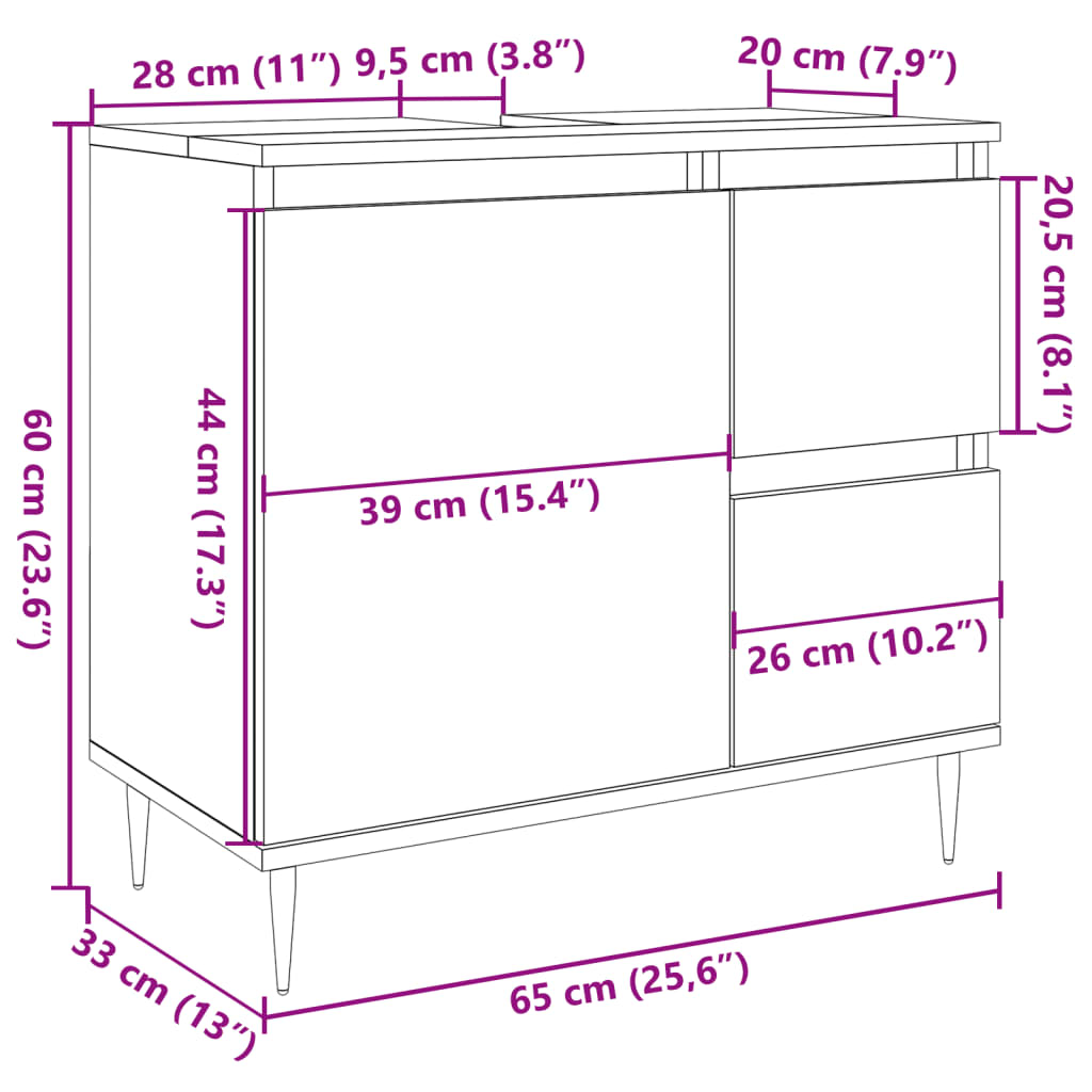 vidaXL Bathroom Cabinet Old Wood 65x33x60 cm Engineered Wood