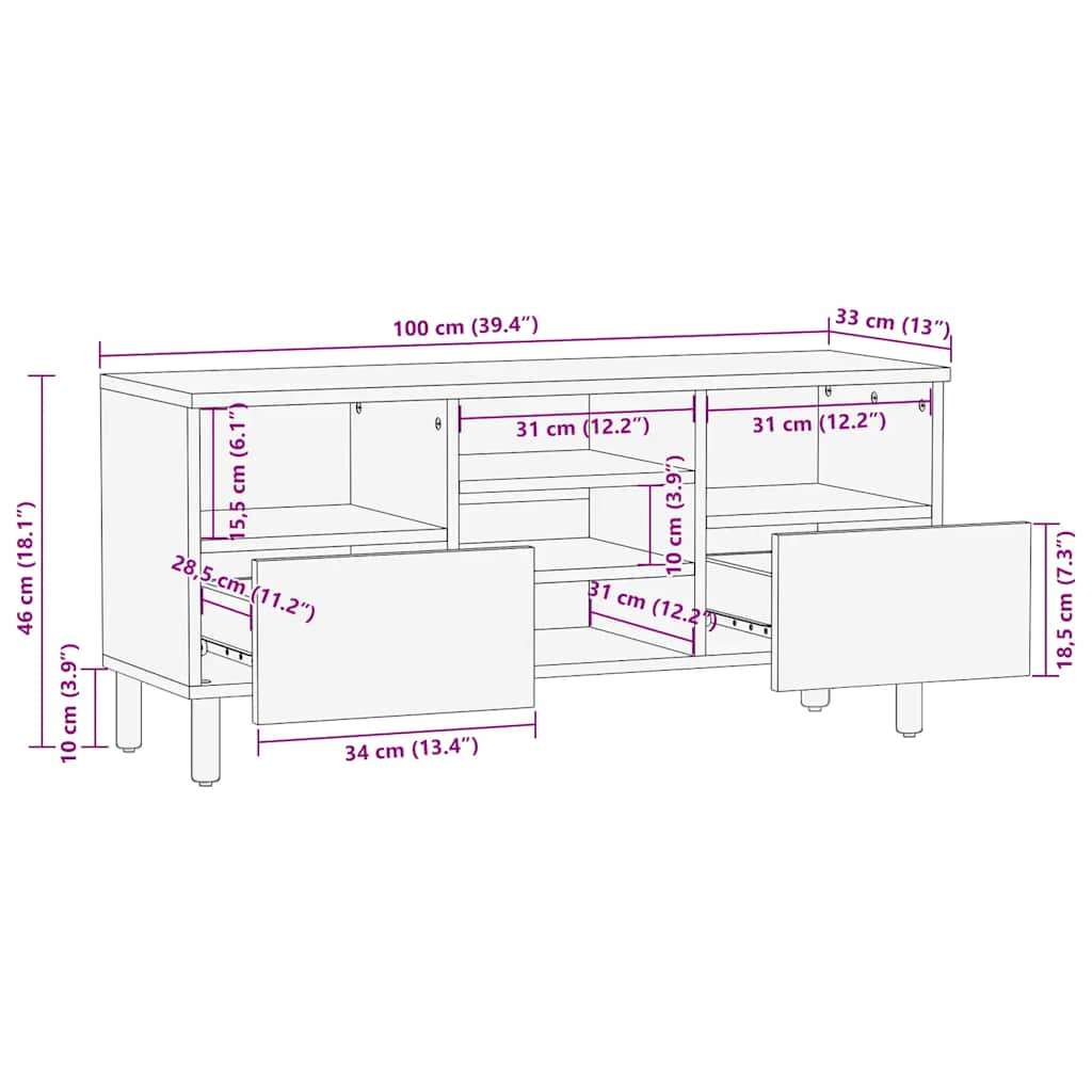 vidaXL TV Cabinet Brown 100x33x46 cm Solid Wood Mango