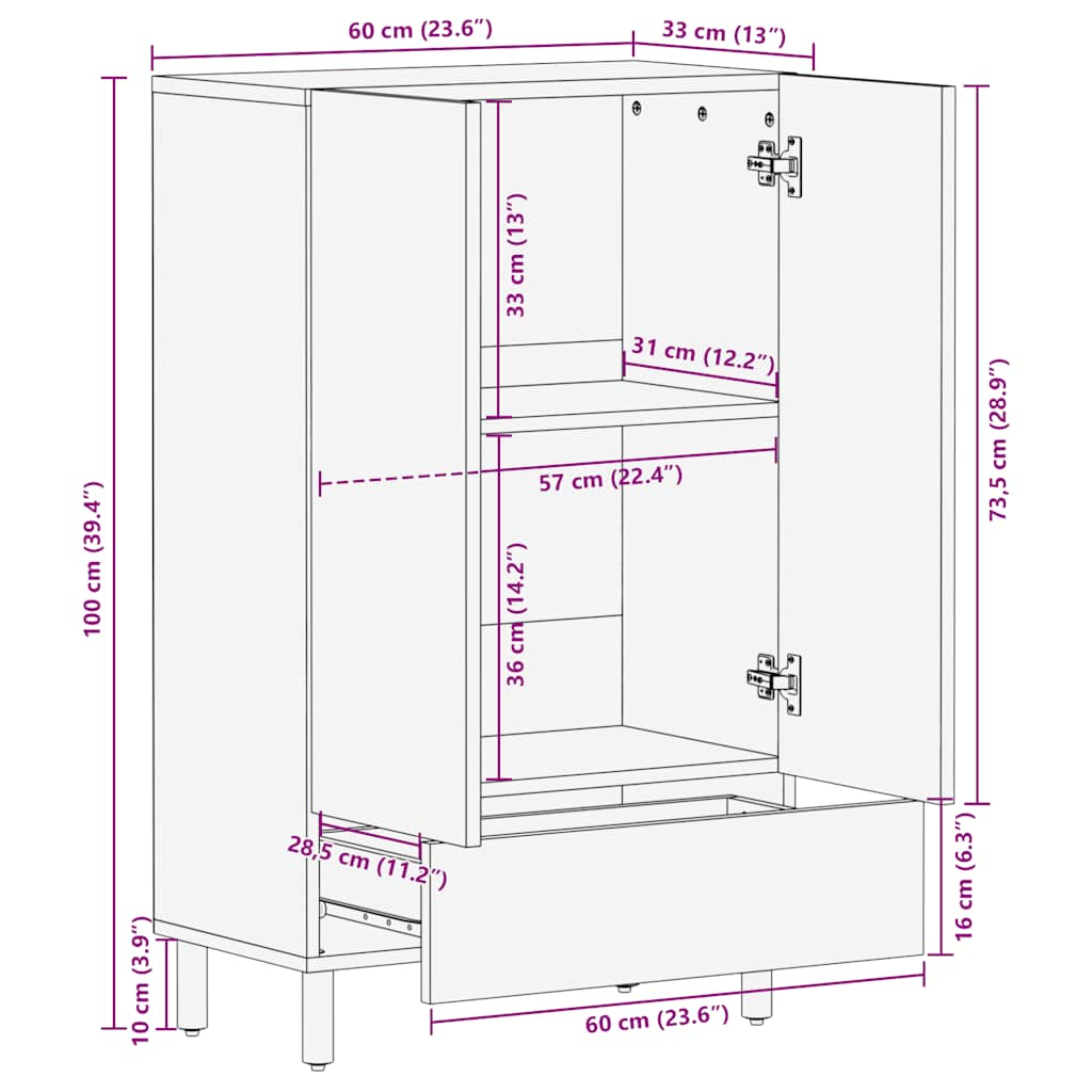 vidaXL Highboard Brown 60x33x100 cm Solid Wood Mango