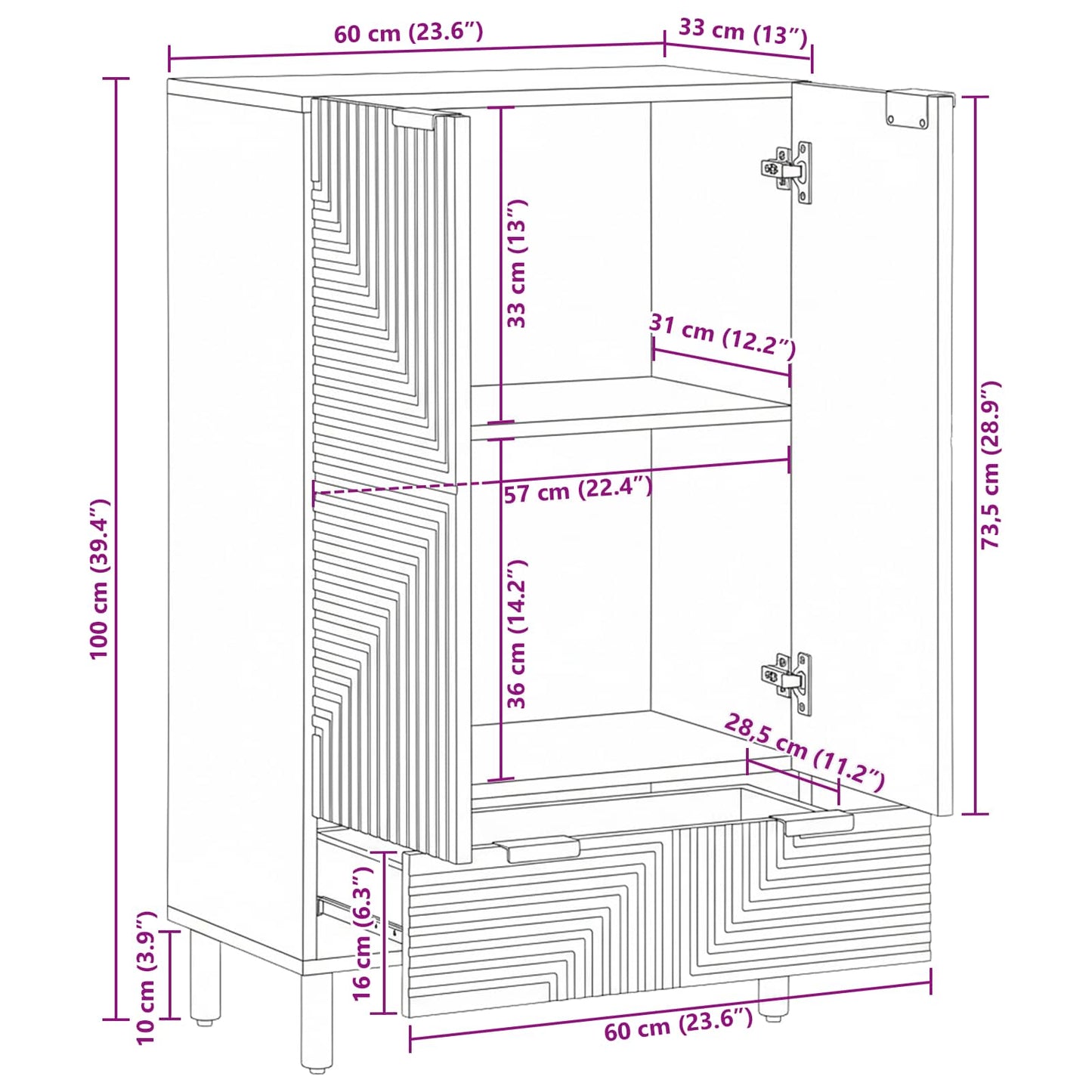 Highboard with Drawer Brown 60 x 33 x 100 cm Solid Mango Wood