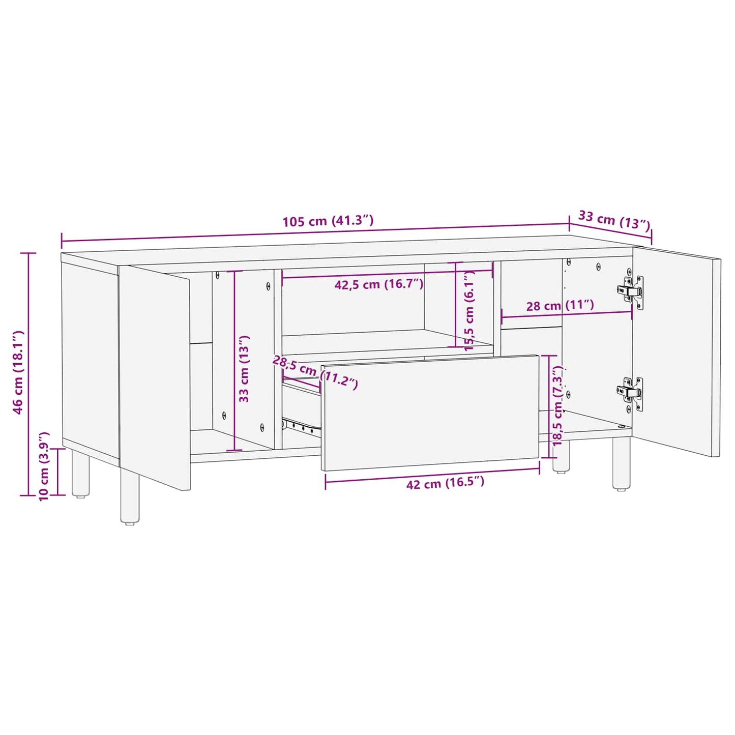 TV Cabinet White Wash Finish 105 x 33 x 46 cm Solid Mango Wood