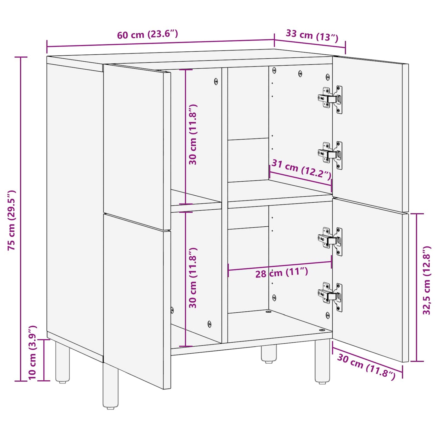 Sideboard White Wash Finish 60 x 33 x 75 cm Solid Mango Wood