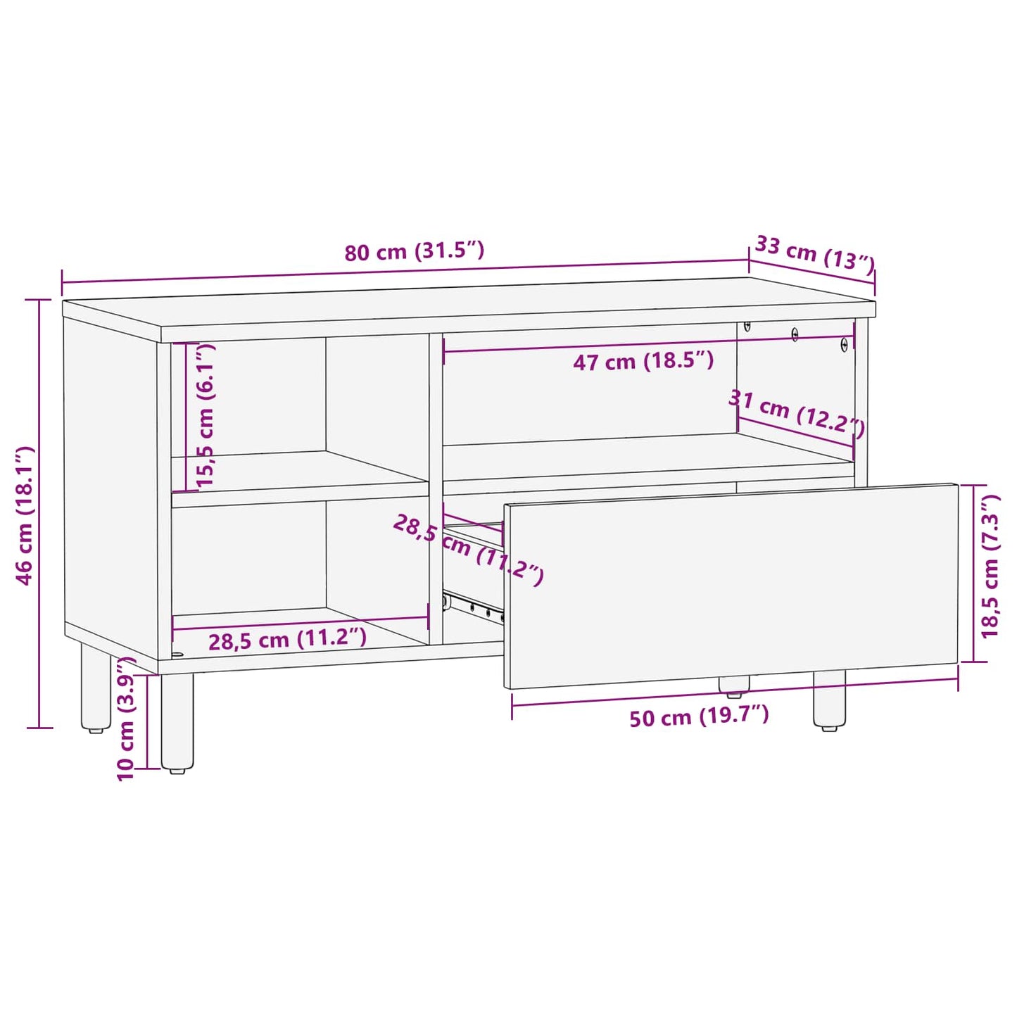 TV Cabinet Acacia Brown Finish 80 x 33 x 46 cm Solid Mango Wood
