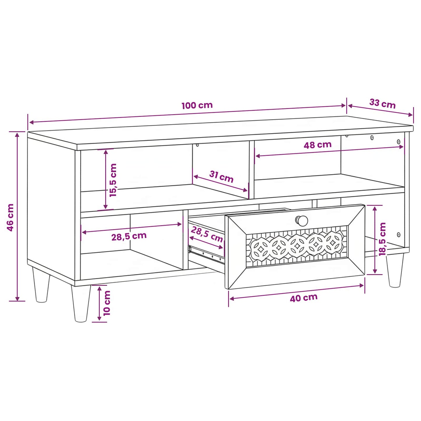 TV Cabinet with Drawer 100 x 33 x 46 cm Solid Mango Wood