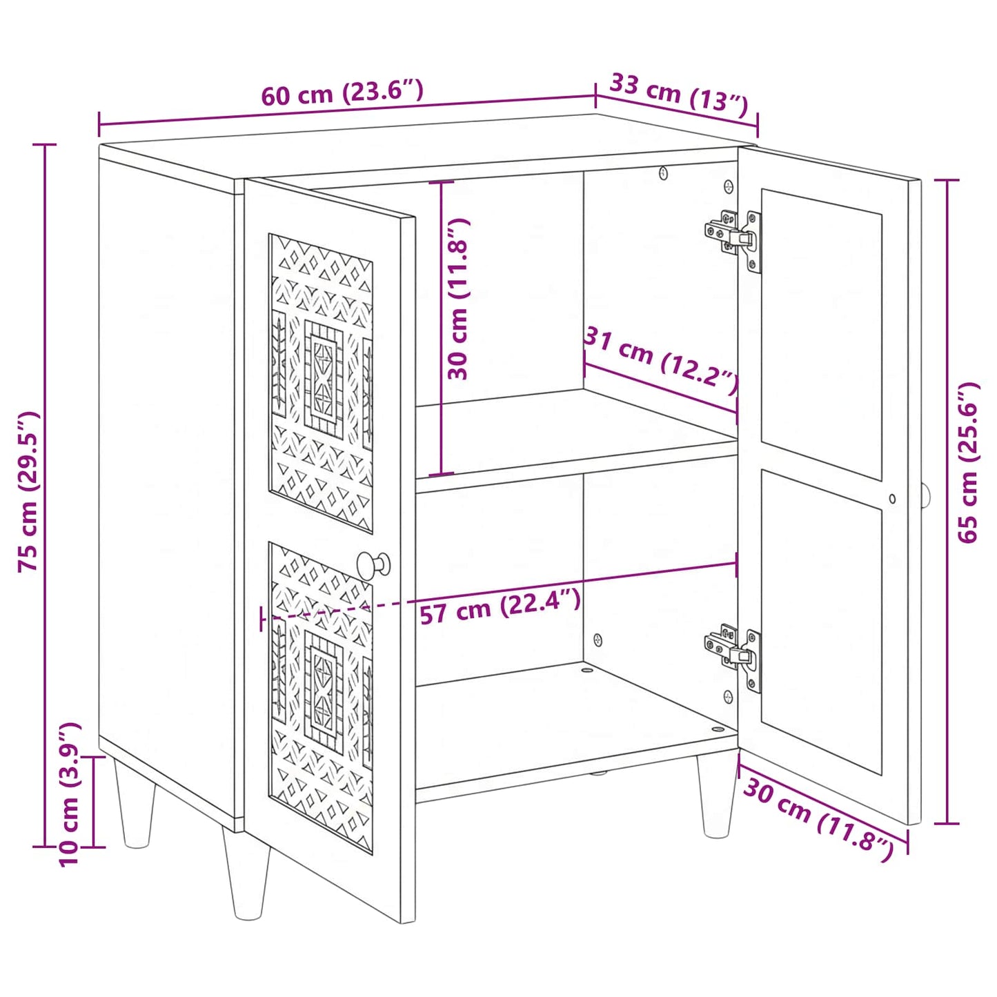 Sideboard White 60 x 33 x 75 cm Solid mango wood