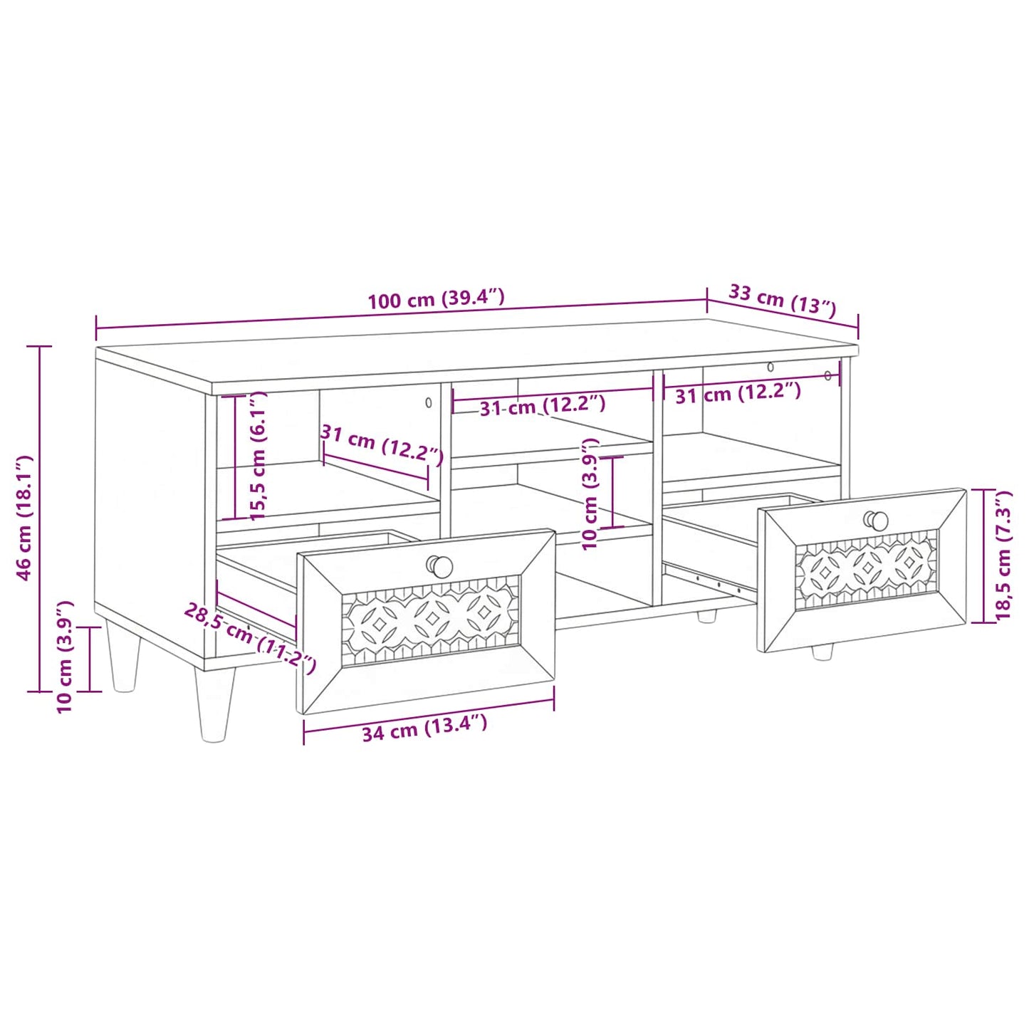 TV Cabinet Bleached White 100 x 33 x 46 cm Solid Mango Wood