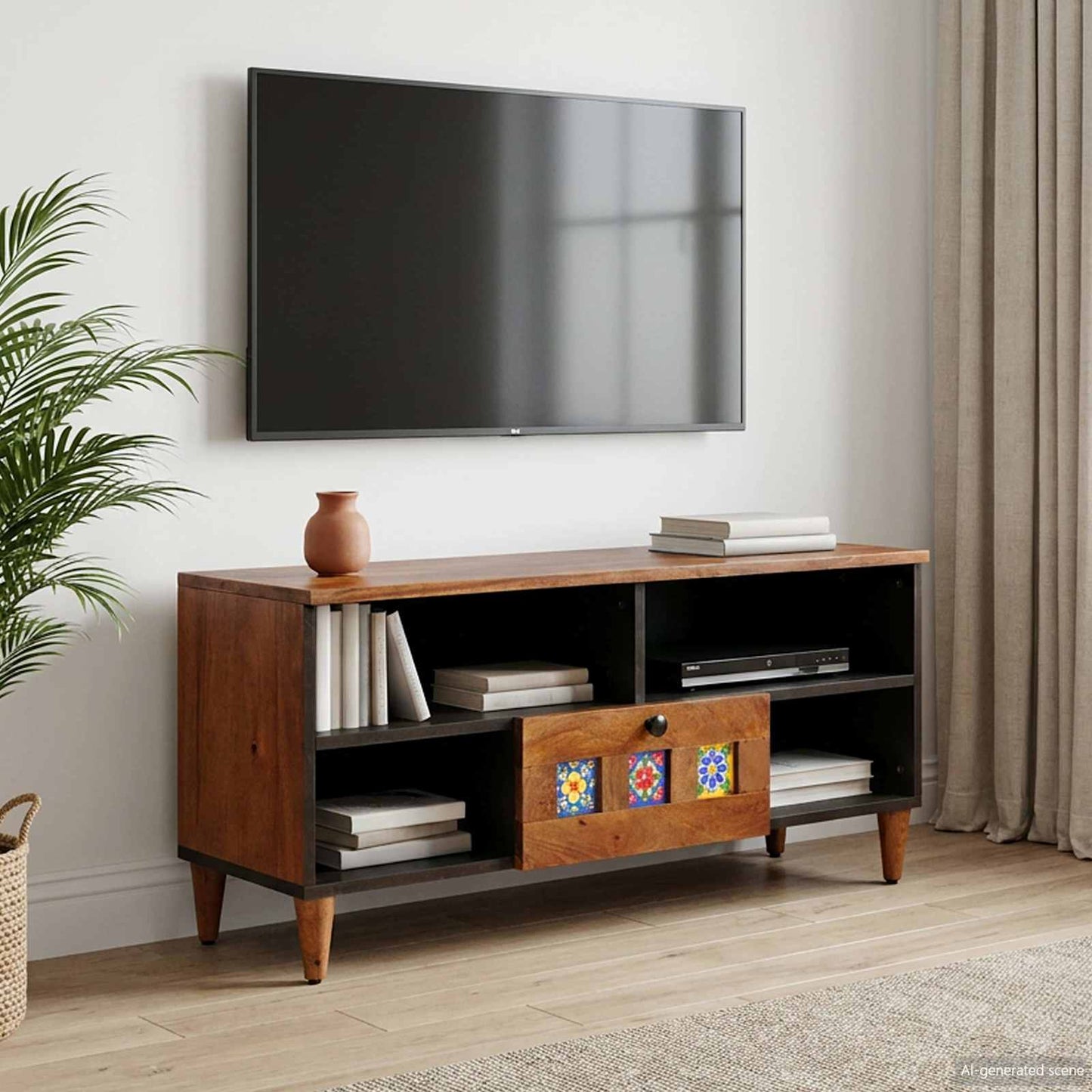 TV Cabinet with Drawer Walnut 100 x 33 x 46 cm Solid Mango Wood