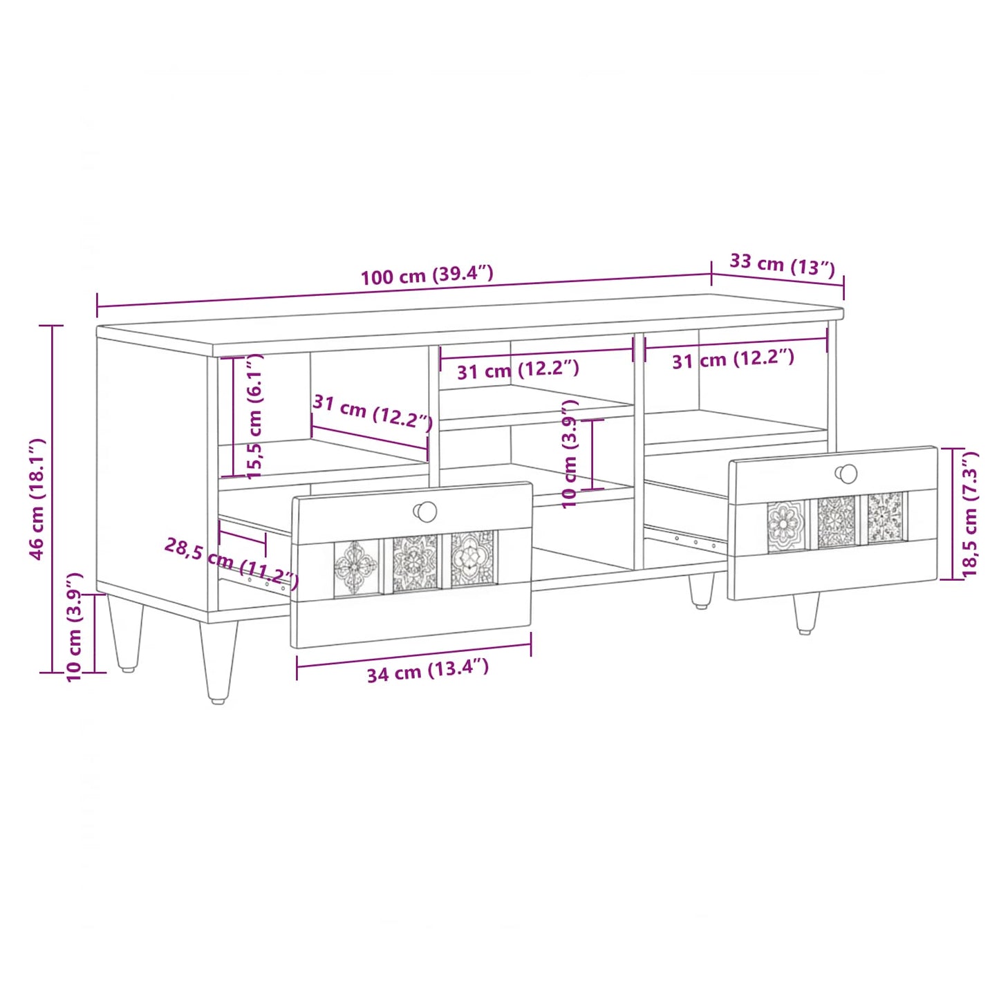 TV Cabinet with Drawer Walnut 100 x 33 x 46 cm Solid Mango Wood