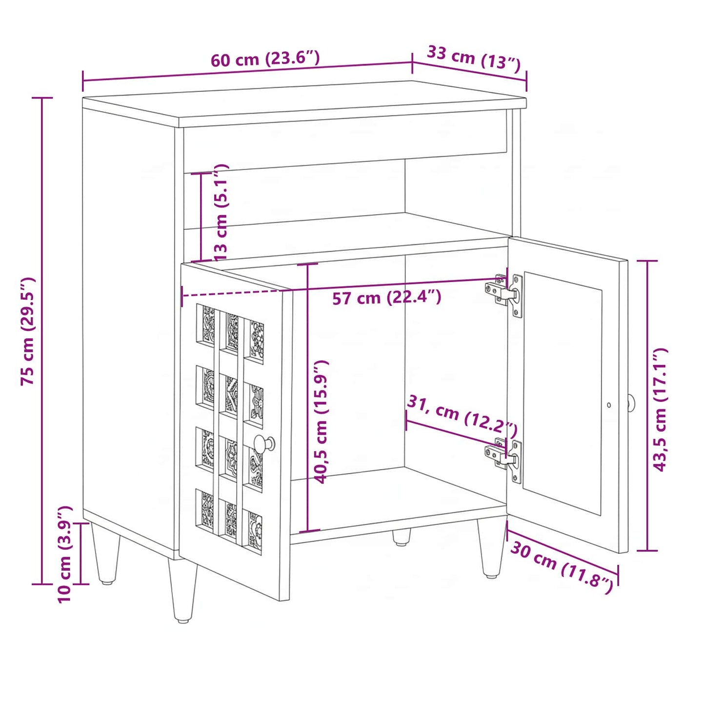 Sideboard with Door Natural 60 x 33.5 x 75 cm Solid Mango Wood