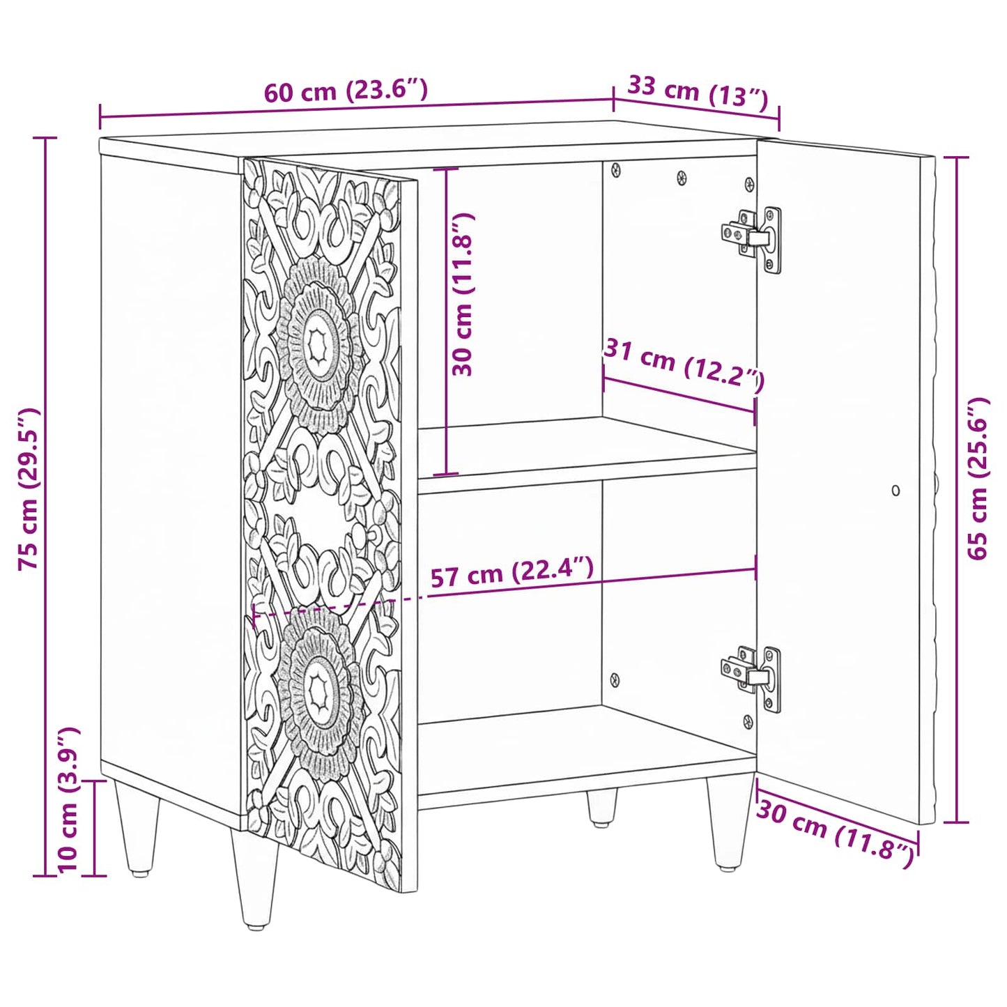 Storage Sideboard Brown 60 x 33.5 x 75 cm Solid Mango Wood