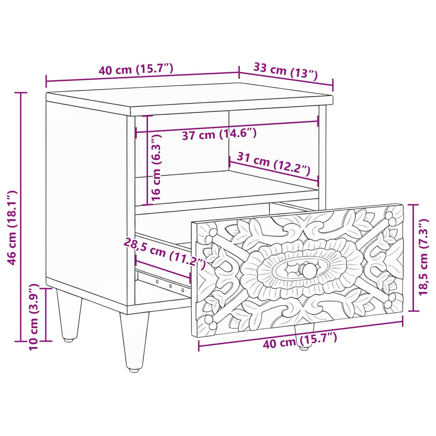 Bed cabinet with Drawer Brown 40 x 33 x 46 cm Solid Mango Wood
