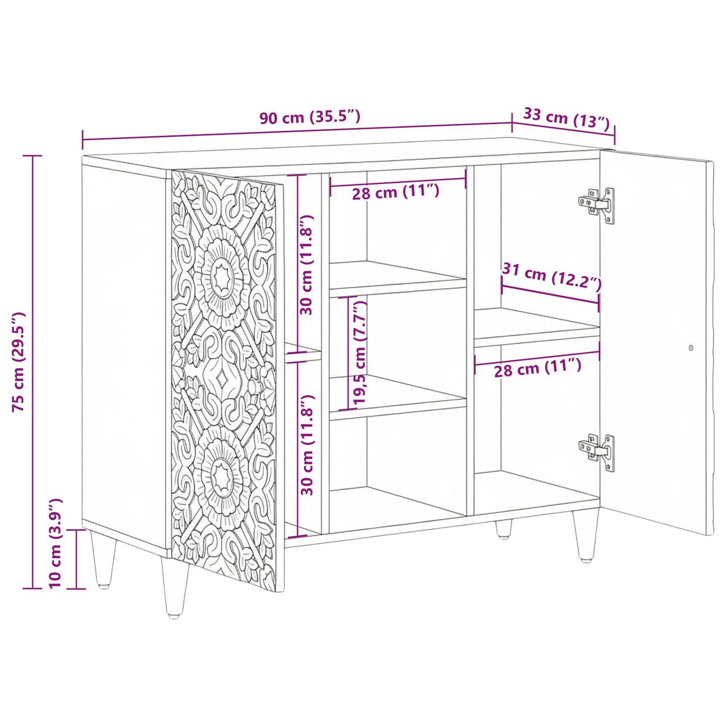 Sideboard with Shelf Brown 90 x 33.5 x 75 cm Solid Mango Wood