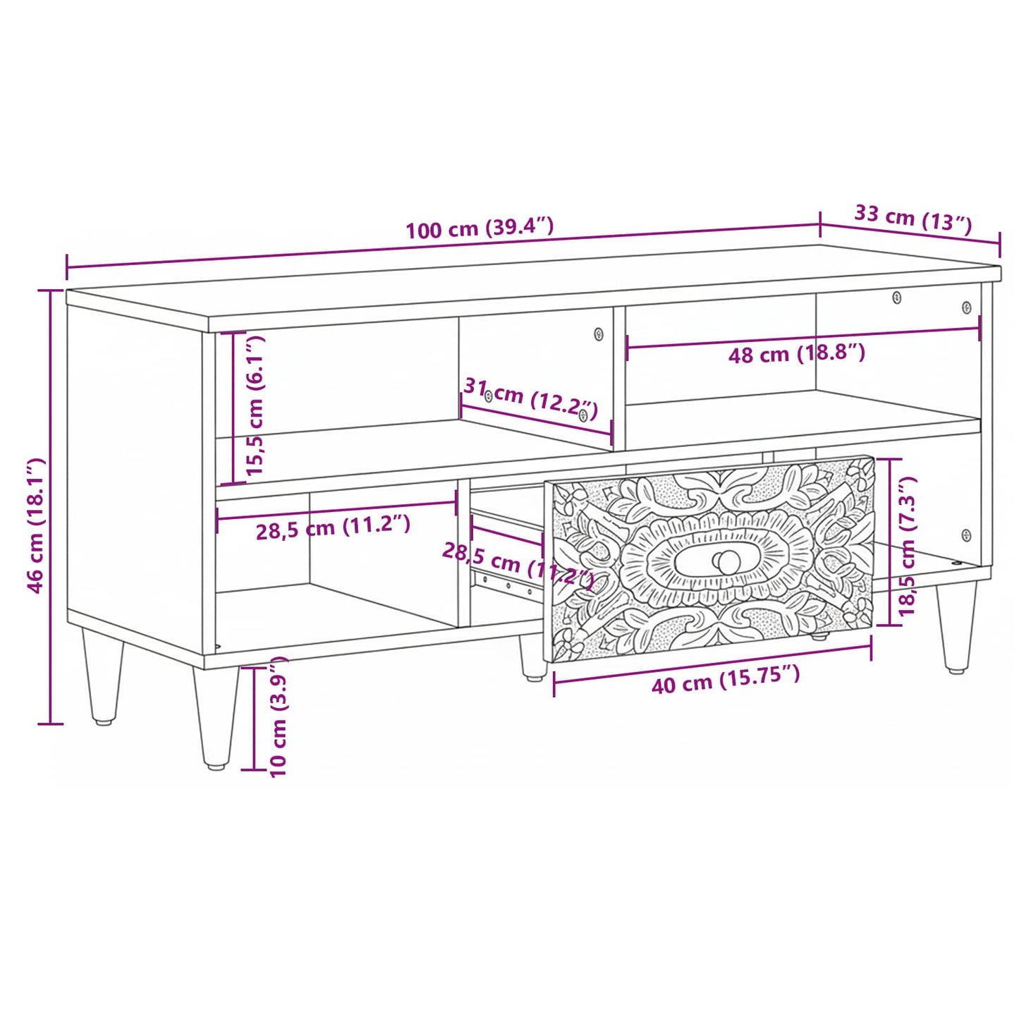 TV Cabinet with Shelf White 100 x 33.5 x 46 cm Solid Mango Wood