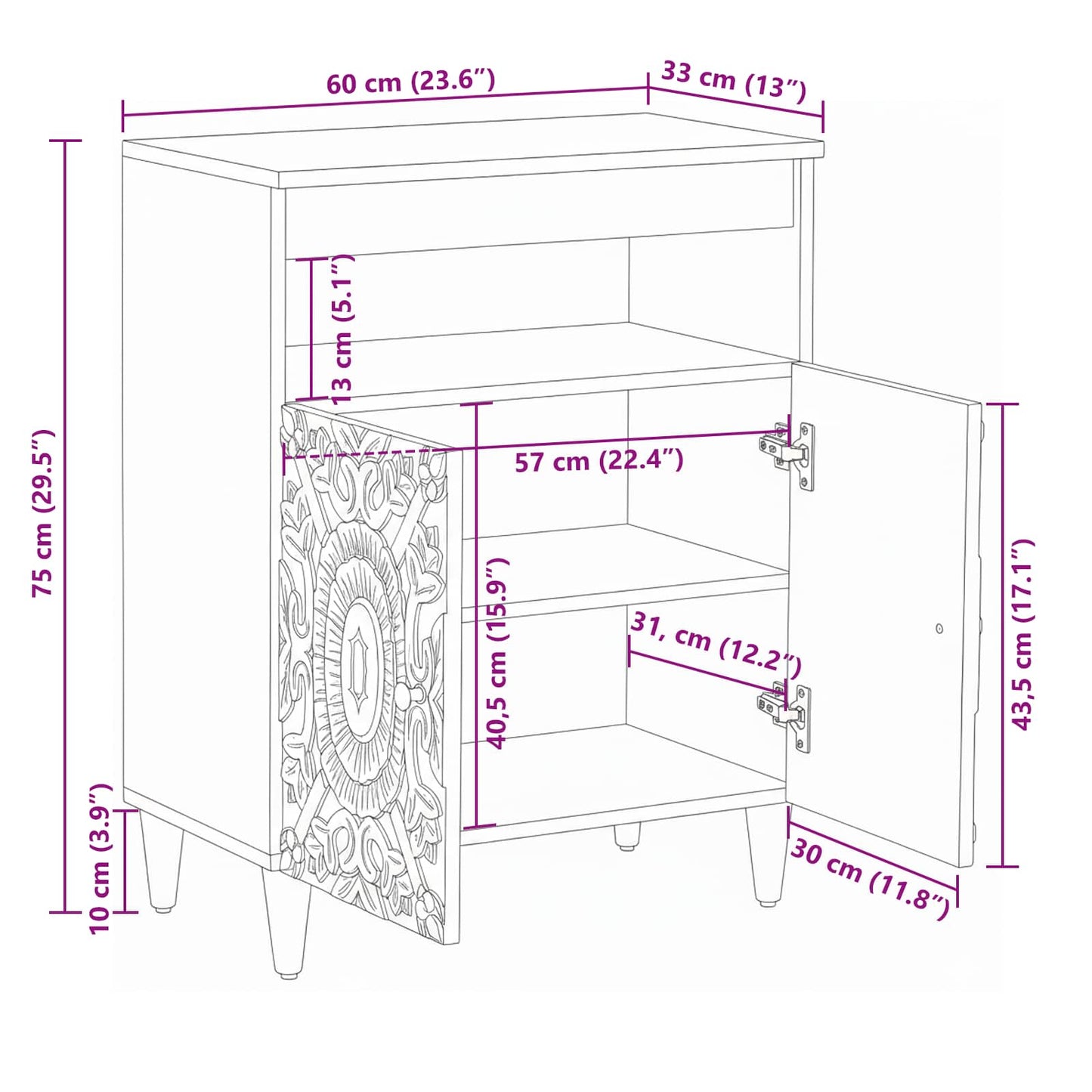 Sideboard with Storage White 60 x 33.5 x 75 cm Solid Mango Wood