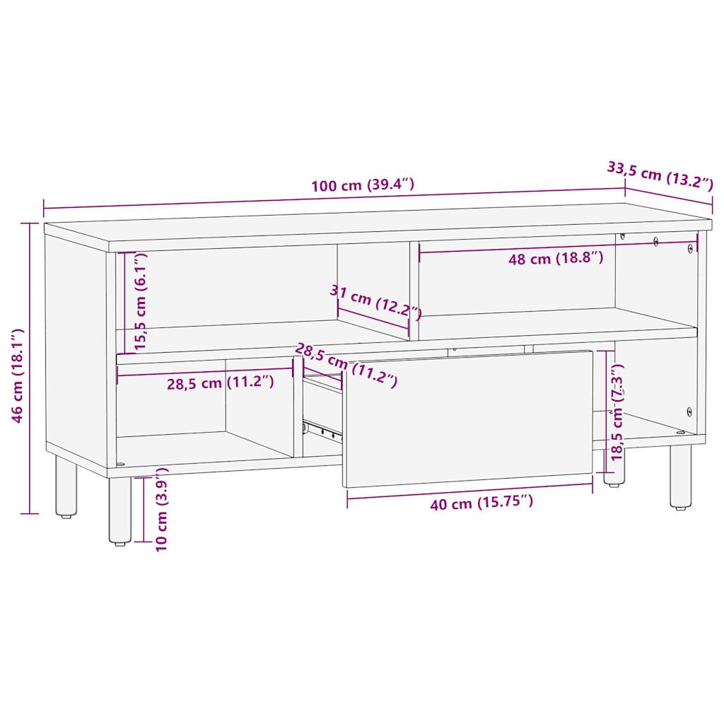 vidaXL TV Cabinet Black 100x33.5x46 cm Solid Rough Wood Mango