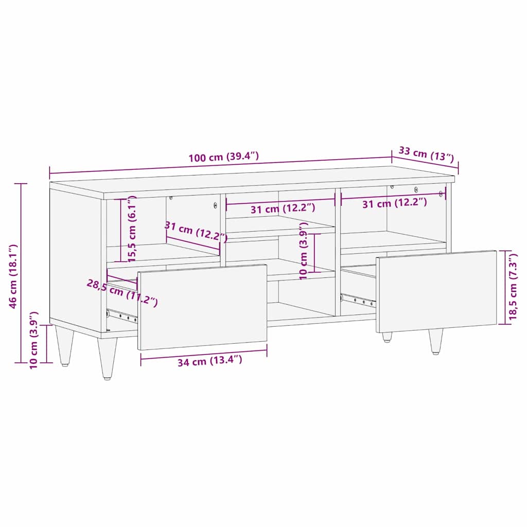 TV Cabinet with Drawer Black 100 x 33 x 46 cm Solid Mango Wood