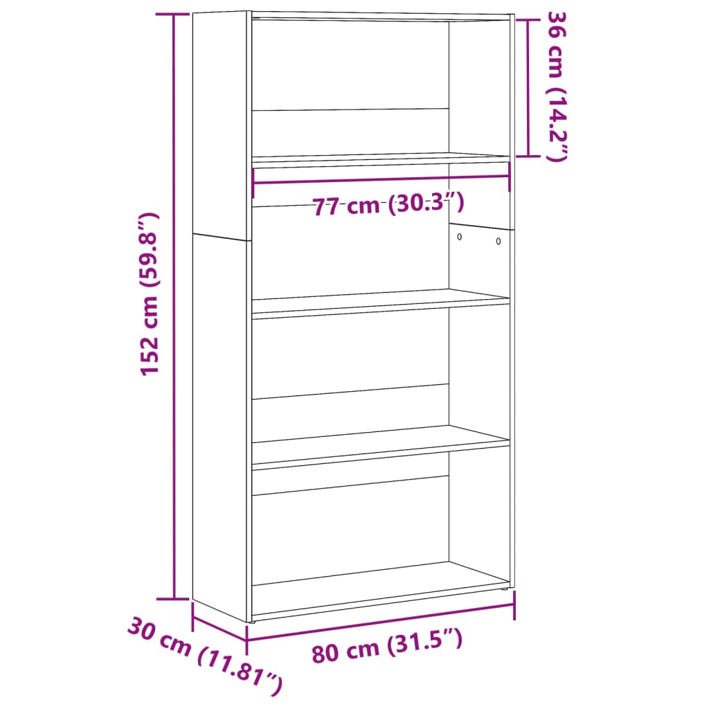 vidaXL Bookcase Brown Oak 80x30x152 cm Engineered Wood