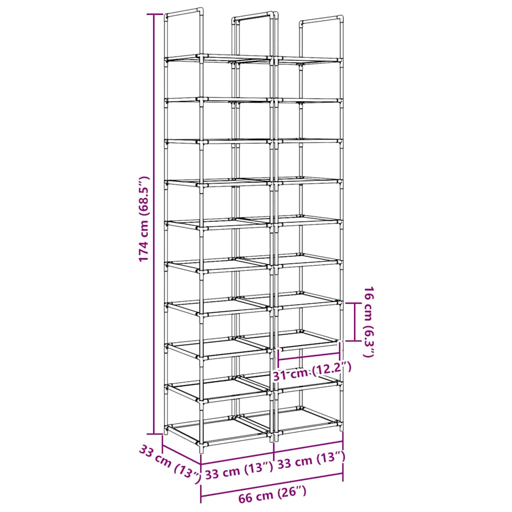 vidaXL Shoe Racks 2 pcs 10-Tier Black 33x33x174 cm Non-woven Fabric