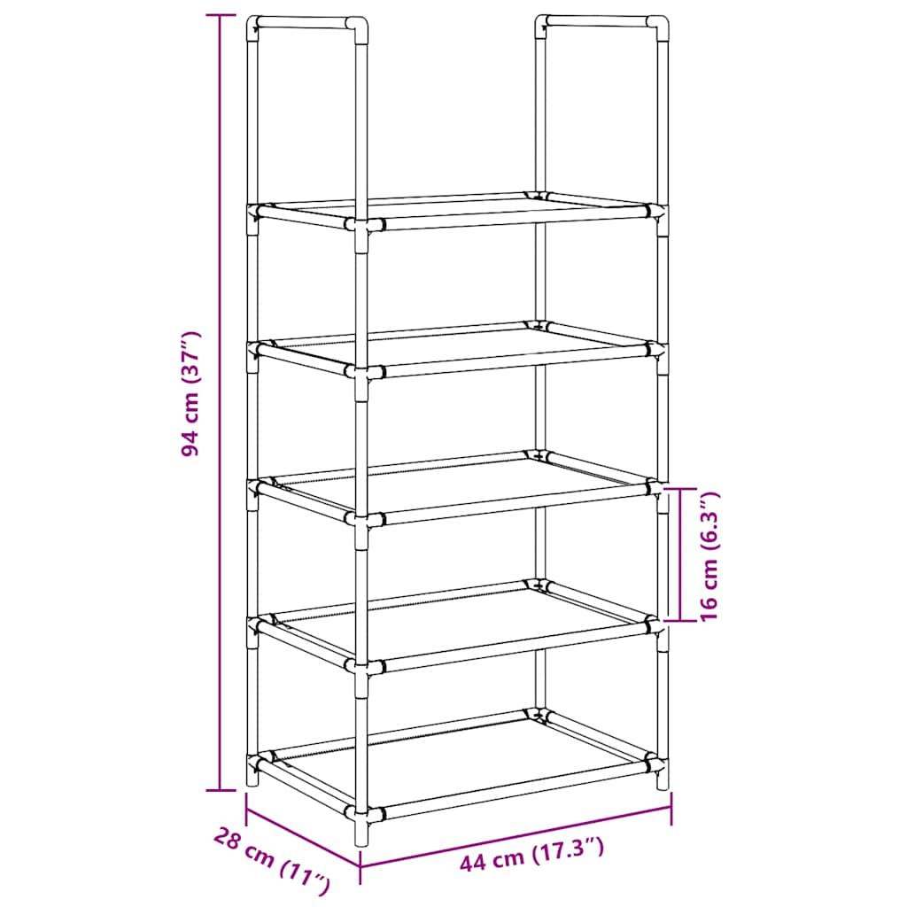 vidaXL Shoe Rack 5-Tier Black 44x28x94 cm Non-woven Fabric