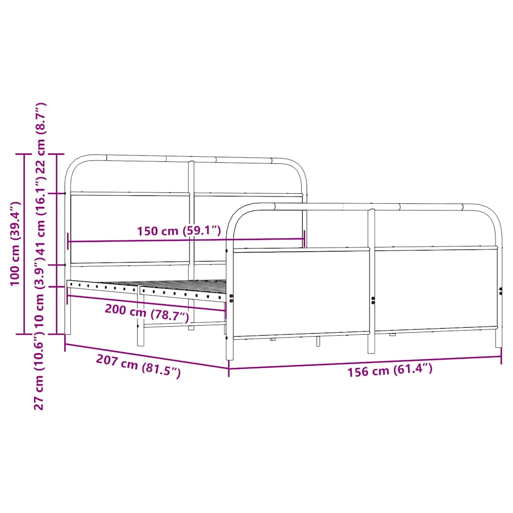 Metal Bed Frame without Mattress Smoked Oak 150x200 cm King Size