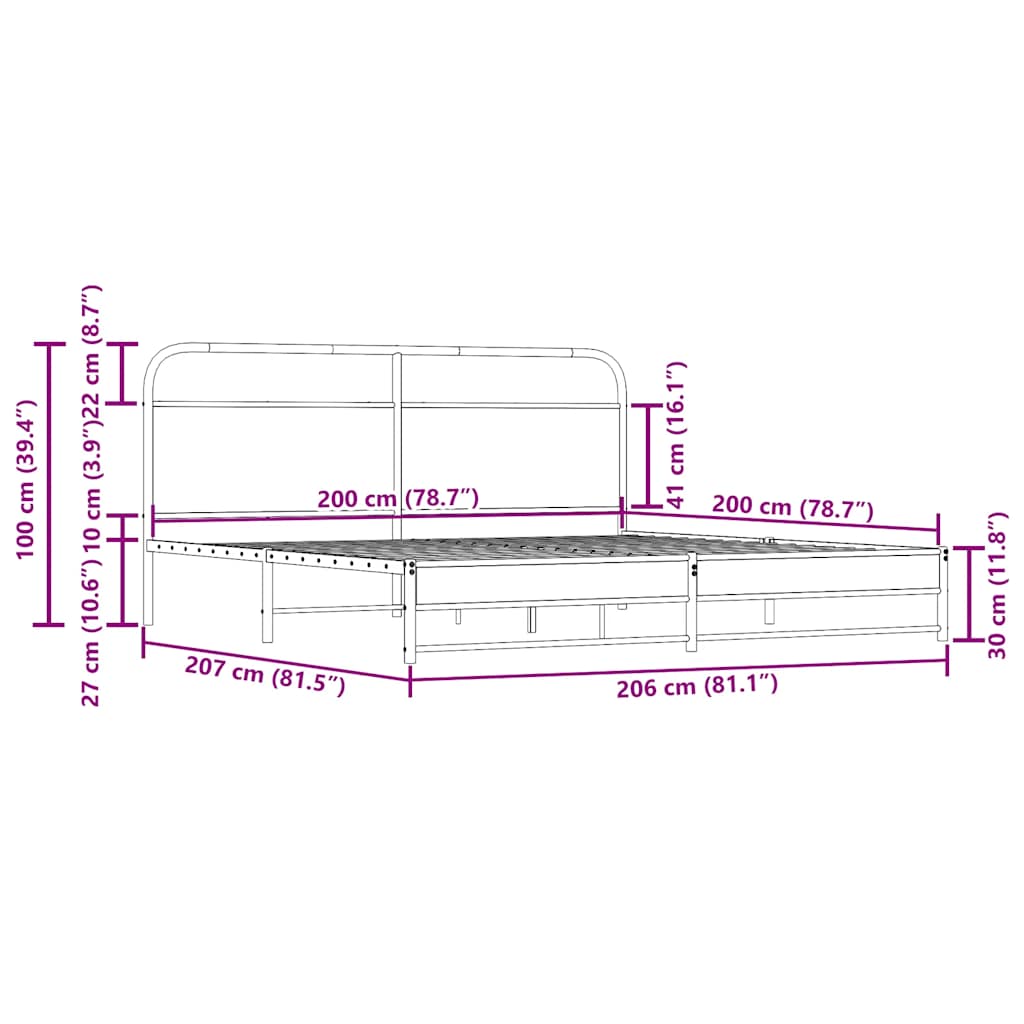 Metal Bed Frame without Mattress Smoked Oak 200x200 cm