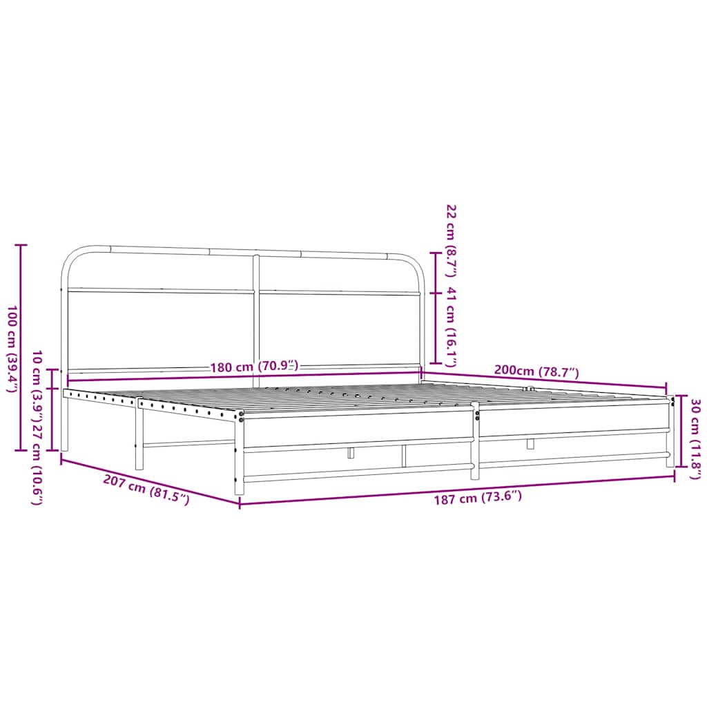 Metal Bed Frame without Mattress Brown Oak 180x200 cm