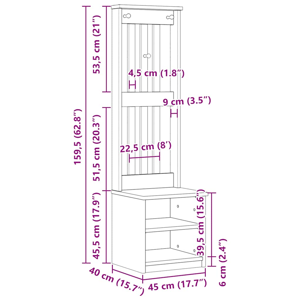 vidaXL Hall Tree SANDENS 45x40x159.5 cm Solid Wood Pine