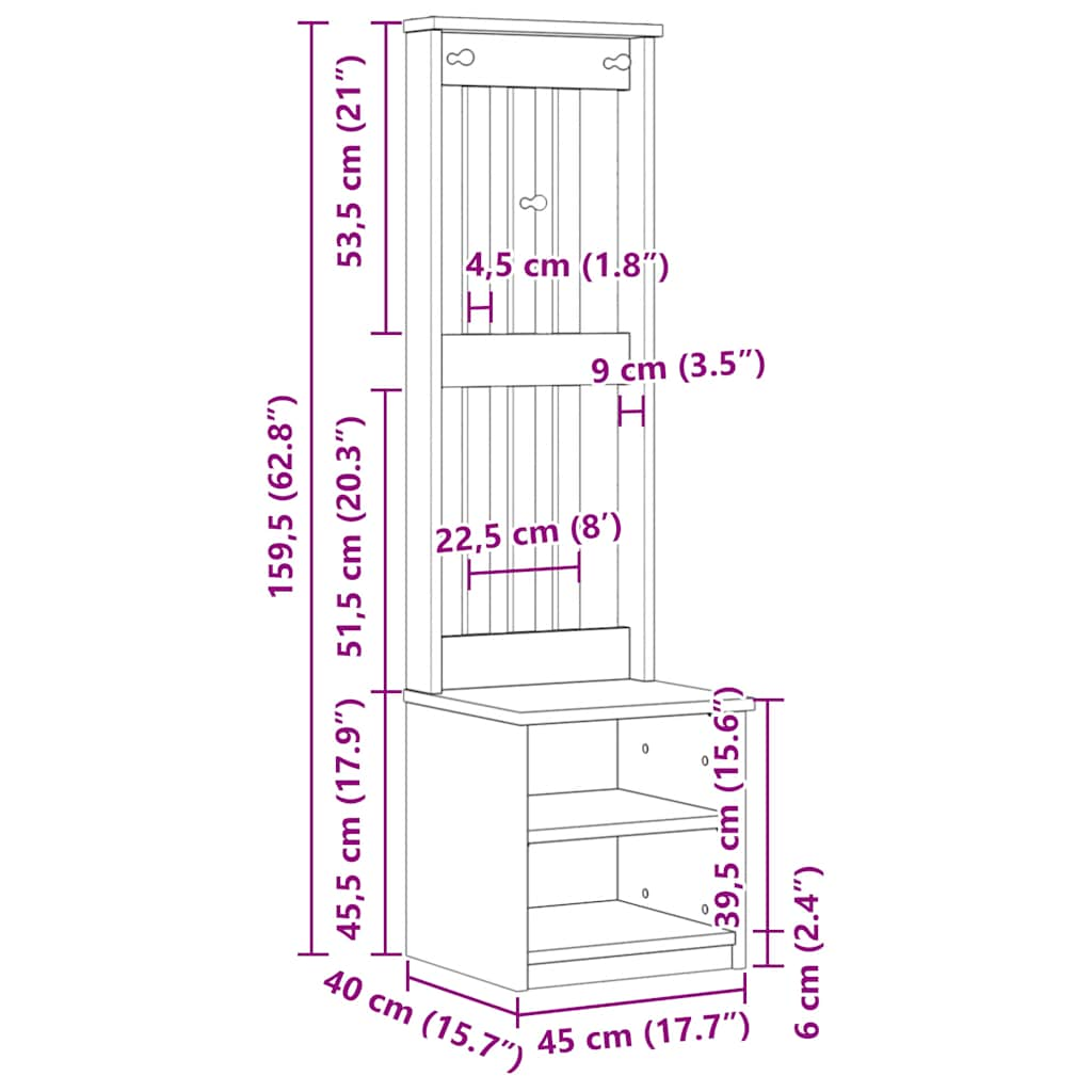 vidaXL Hall Tree SANDENS White 45x40x159.5 cm Solid Wood Pine