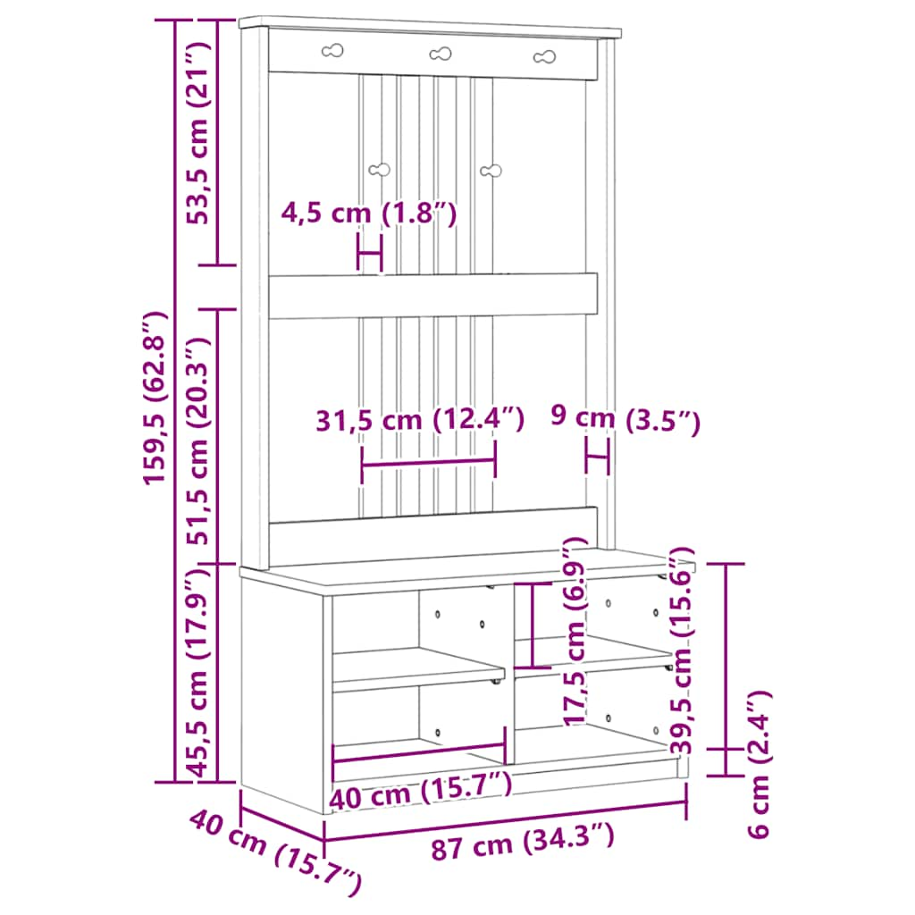 vidaXL Hall Tree SANDENS 87x40x159.5 cm Solid Wood Pine