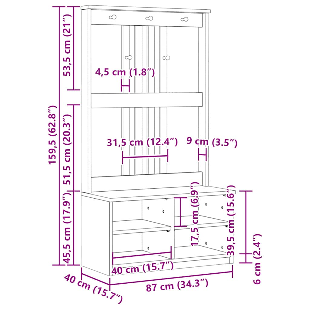 vidaXL Hall Tree SANDENS 87x40x159.5 cm Solid Wood Pine