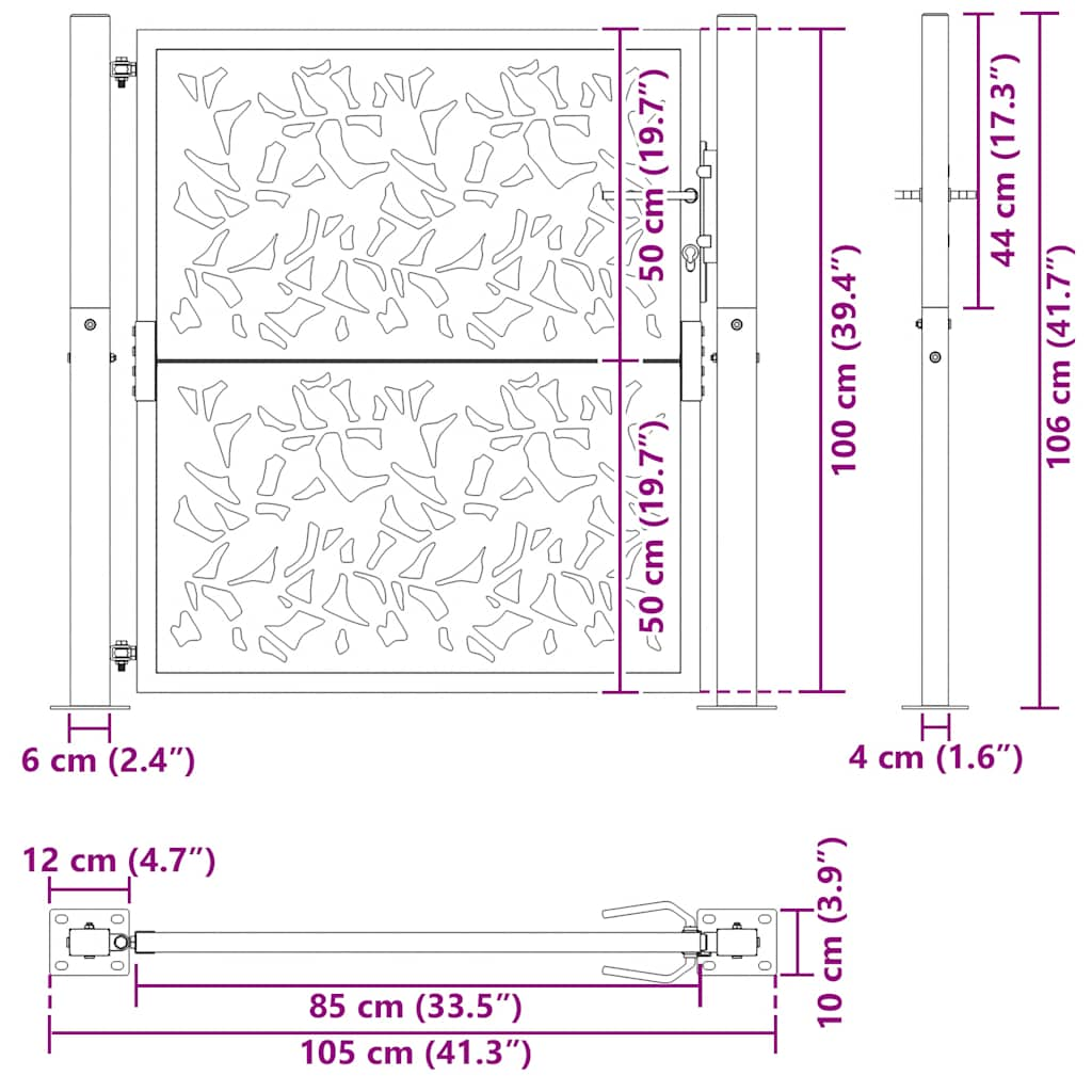 vidaXL Garden Gate Black 105x106 cm Steel Leaf Design