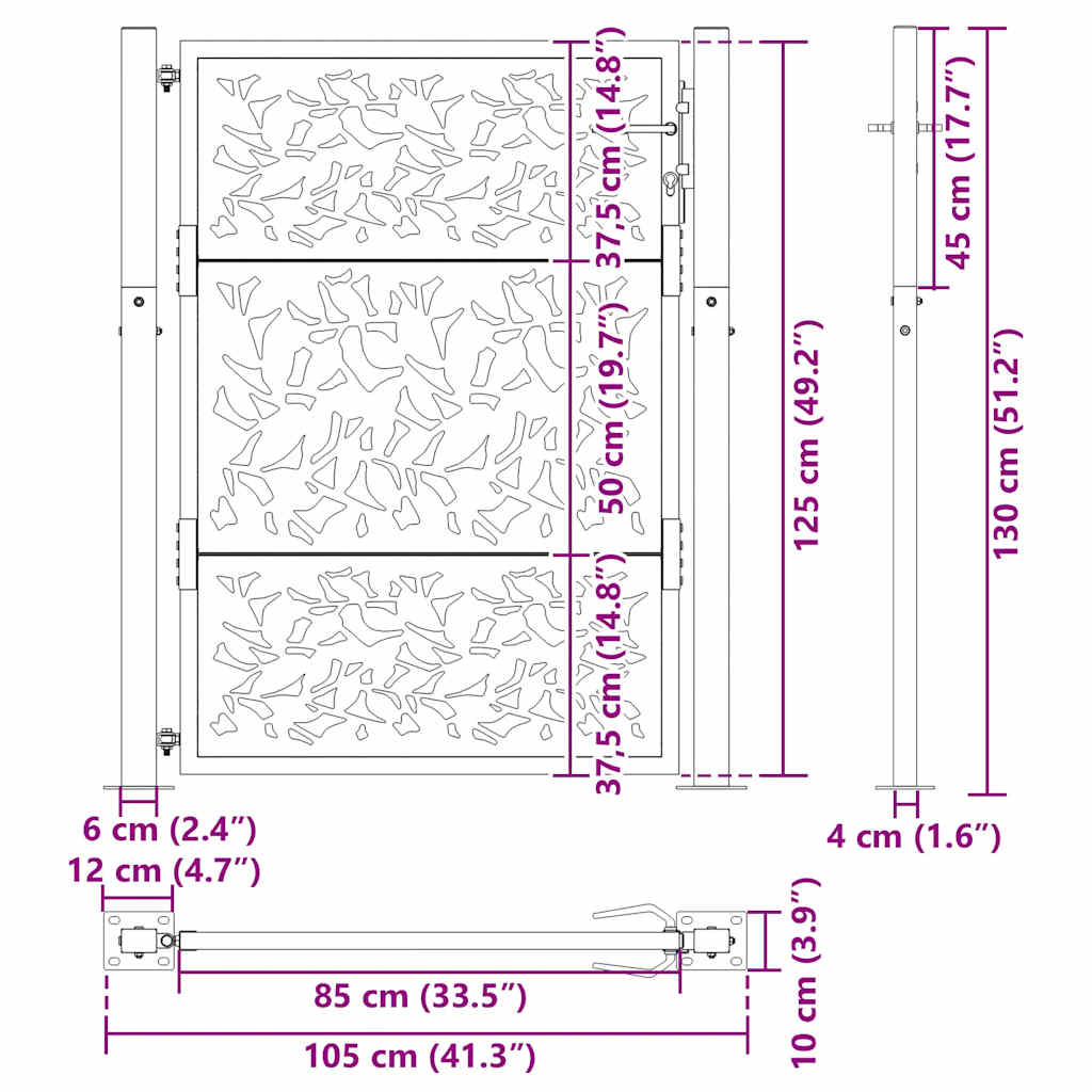 vidaXL Garden Gate Black 105x130 cm Steel Leaf Design