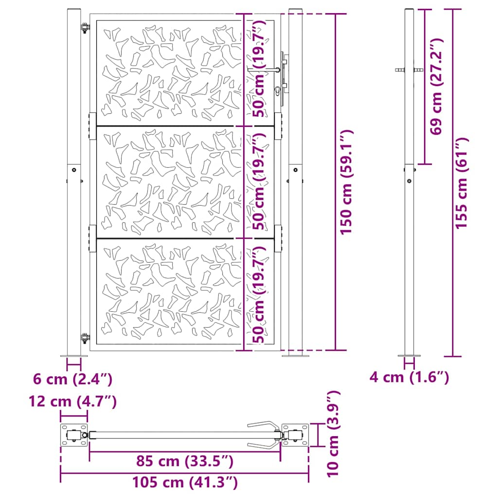 vidaXL Garden Gate Black 105x155 cm Steel Leaf Design