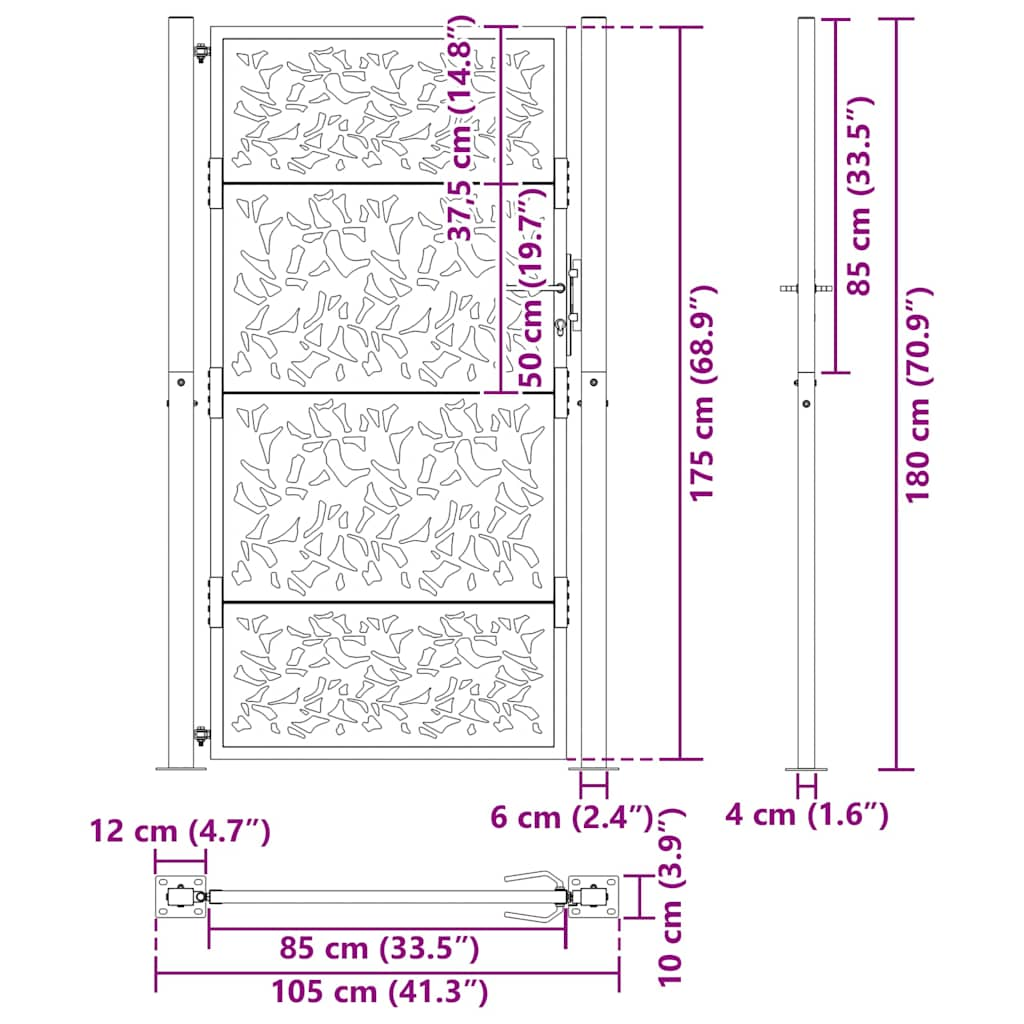 vidaXL Garden Gate Black 105x180 cm Steel Leaf Design