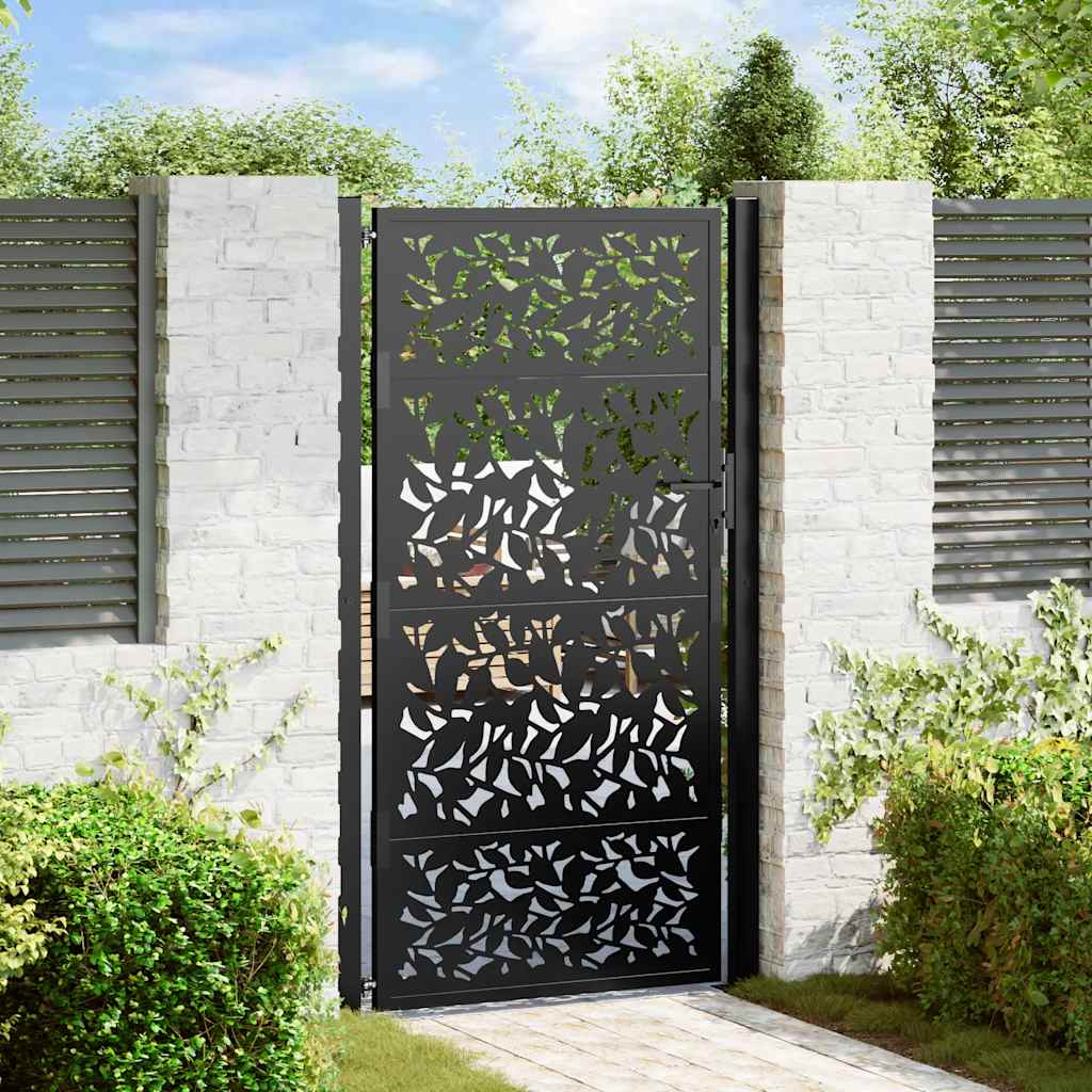 vidaXL Garden Gate Black 105x180 cm Steel Leaf Design