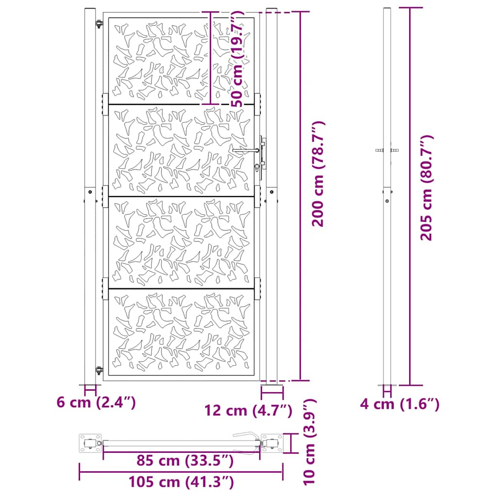 vidaXL Garden Gate Black 105x205 cm Steel Leaf Design