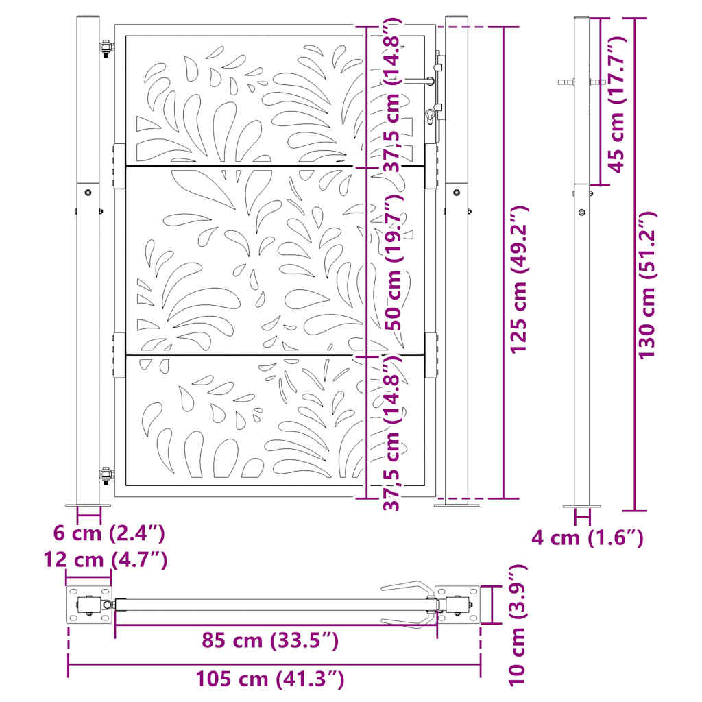 vidaXL Garden Gate Black 105x130 cm Steel Wave Design