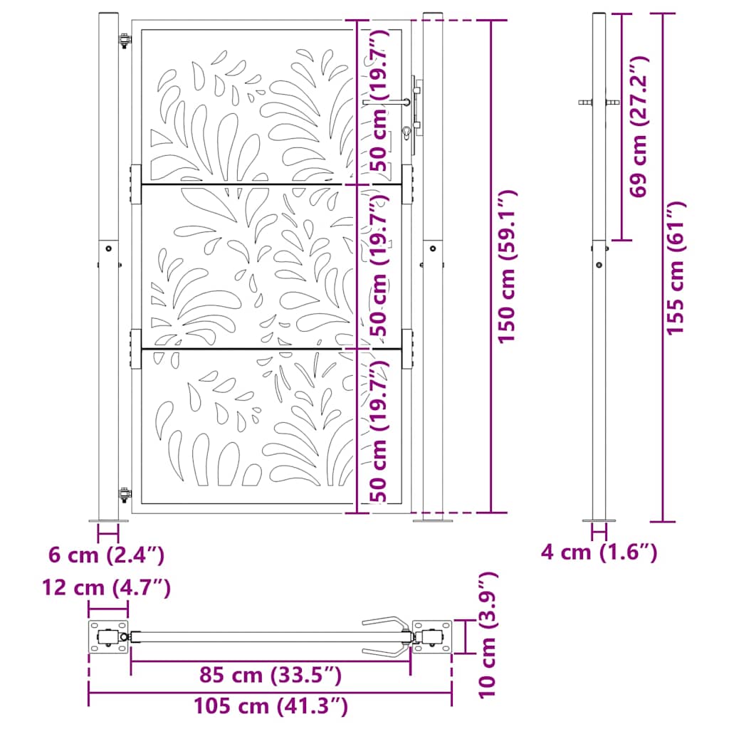 vidaXL Garden Gate Black 105x155 cm Steel Wave Design