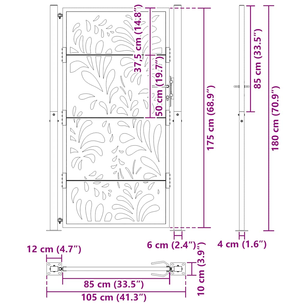 vidaXL Garden Gate Black 105x180 cm Steel Wave Design