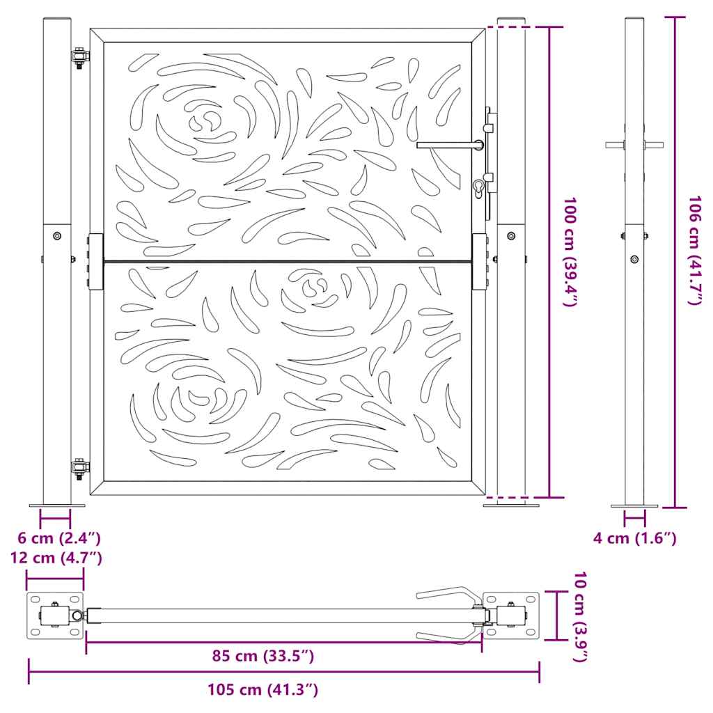 vidaXL Garden Gate Black 105x106 cm Steel Flame Design