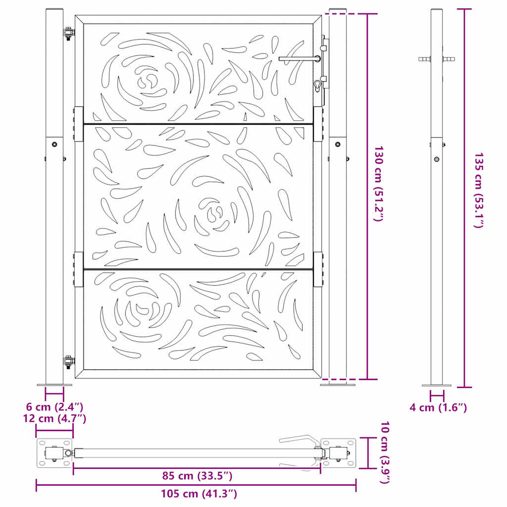 vidaXL Garden Gate Black 105x130 cm Steel Flame Design